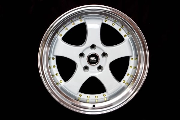 MT07 - White w Machined Lip Gold Rivets - 18x9.5 5x114.3 Offset +20 on Sale